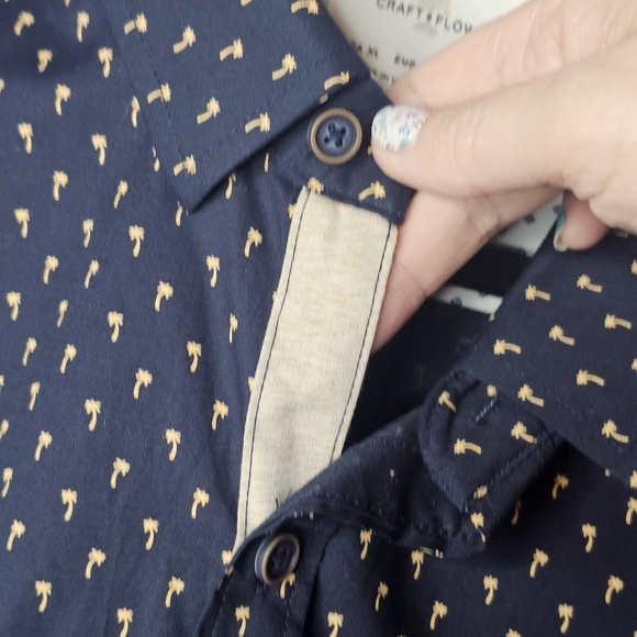 Craft Flow Mens XL Short Sleeve Button Shirt Navy Beige Palm Tree Resort Wear - Picture 9 of 15